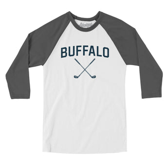 Buffalo Golf Men/Unisex Raglan 3/4 Sleeve T-Shirt-White with Asphalt-Allegiant Goods Co. Vintage Sports Apparel