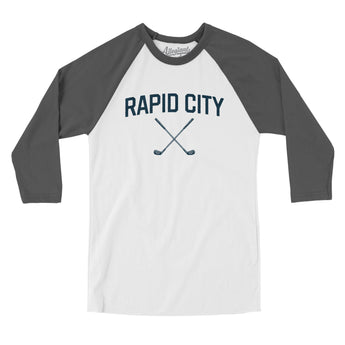 Rapid City Golf Men/Unisex Raglan 3/4 Sleeve T-Shirt-White with Asphalt-Allegiant Goods Co. Vintage Sports Apparel
