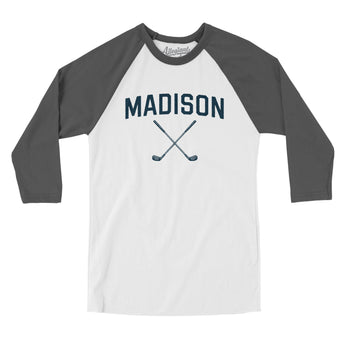 Madison Golf Men/Unisex Raglan 3/4 Sleeve T-Shirt-White with Asphalt-Allegiant Goods Co. Vintage Sports Apparel