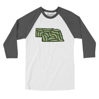 Nebraska Golf Course Men/Unisex Raglan 3/4 Sleeve T-Shirt-White with Asphalt-Allegiant Goods Co. Vintage Sports Apparel
