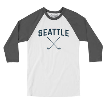 Seattle Golf Men/Unisex Raglan 3/4 Sleeve T-Shirt-White with Asphalt-Allegiant Goods Co. Vintage Sports Apparel
