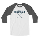Pensacola Golf Men/Unisex Raglan 3/4 Sleeve T-Shirt-White with Asphalt-Allegiant Goods Co. Vintage Sports Apparel