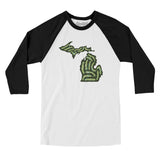 Michigan Golf Course Map Men/Unisex Raglan 3/4 Sleeve T-Shirt-White with Black-Allegiant Goods Co. Vintage Sports Apparel