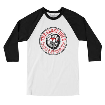 The Glory Hole Central City Men/Unisex Raglan 3/4 Sleeve T-Shirt-White with Black-Allegiant Goods Co. Vintage Sports Apparel