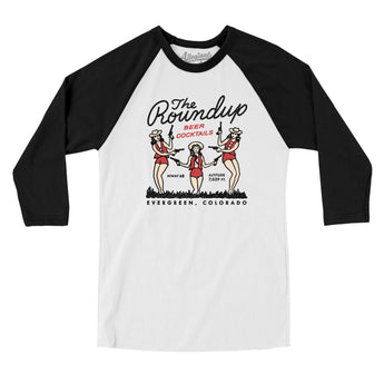 The Roundup Evergreen Colorado Men/Unisex Raglan 3/4 Sleeve T-Shirt-White with Black-Allegiant Goods Co. Vintage Sports Apparel