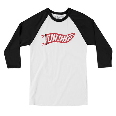 Cincinnati Pennant Men/Unisex Raglan 3/4 Sleeve T-Shirt-White with Black-Allegiant Goods Co. Vintage Sports Apparel