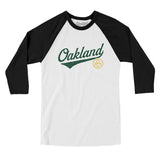 Oakland Vintage Script Men/Unisex Raglan 3/4 Sleeve T-Shirt-White with Black-Allegiant Goods Co. Vintage Sports Apparel