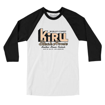 Kiru Steak House Los Angeles Men/Unisex Raglan 3/4 Sleeve T-Shirt-White with Black-Allegiant Goods Co. Vintage Sports Apparel