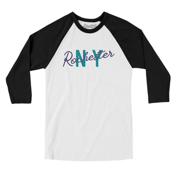 Rochester Ny Overprinted Men/Unisex Raglan 3/4 Sleeve T-Shirt-White with Black-Allegiant Goods Co. Vintage Sports Apparel