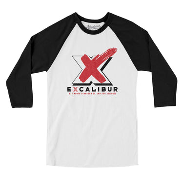 Excalibur Chicago Men/Unisex Raglan 3/4 Sleeve T-Shirt-White with Black-Allegiant Goods Co. Vintage Sports Apparel