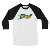 Green Bay Pennant Men/Unisex Raglan 3/4 Sleeve T-Shirt-White with Black-Allegiant Goods Co. Vintage Sports Apparel