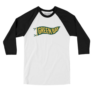 Green Bay Pennant Men/Unisex Raglan 3/4 Sleeve T-Shirt-White with Black-Allegiant Goods Co. Vintage Sports Apparel