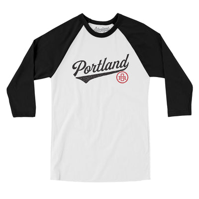 Portland Vintage Script Men/Unisex Raglan 3/4 Sleeve T-Shirt-White with Black-Allegiant Goods Co. Vintage Sports Apparel