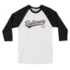 Baltimore Vintage Script Men/Unisex Raglan 3/4 Sleeve T-Shirt-White with Black-Allegiant Goods Co. Vintage Sports Apparel