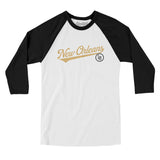 New Orleans Vintage Script Men/Unisex Raglan 3/4 Sleeve T-Shirt-White with Black-Allegiant Goods Co. Vintage Sports Apparel