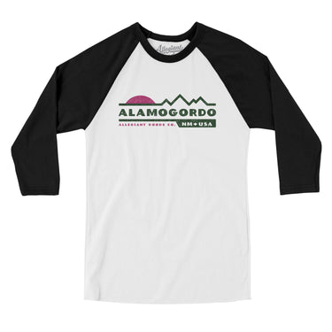 Alamogordo Mountain Sunset Men/Unisex Raglan 3/4 Sleeve T-Shirt-White with Black-Allegiant Goods Co. Vintage Sports Apparel