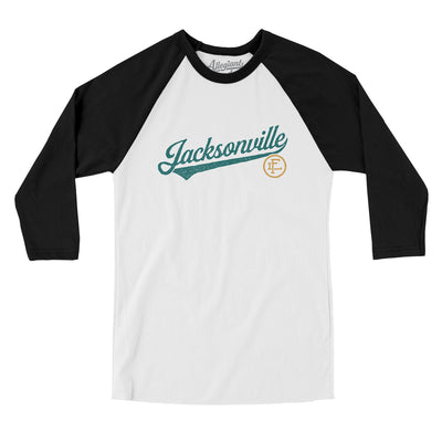 Jacksonville Vintage Script Men/Unisex Raglan 3/4 Sleeve T-Shirt-White with Black-Allegiant Goods Co. Vintage Sports Apparel