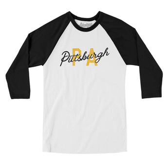 Pittsburgh Pa Overprinted Men/Unisex Raglan 3/4 Sleeve T-Shirt-White with Black-Allegiant Goods Co. Vintage Sports Apparel