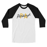 Pittsburgh Pa Overprinted Men/Unisex Raglan 3/4 Sleeve T-Shirt-White with Black-Allegiant Goods Co. Vintage Sports Apparel