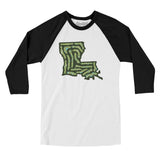 Louisiana Golf Course Map Men/Unisex Raglan 3/4 Sleeve T-Shirt-White with Black-Allegiant Goods Co. Vintage Sports Apparel