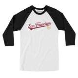 San Francisco Vintage Script Men/Unisex Raglan 3/4 Sleeve T-Shirt-White with Black-Allegiant Goods Co. Vintage Sports Apparel