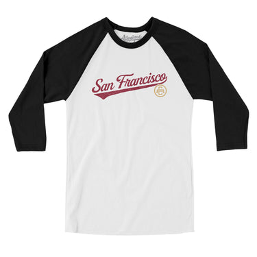 San Francisco Vintage Script Men/Unisex Raglan 3/4 Sleeve T-Shirt-White with Black-Allegiant Goods Co. Vintage Sports Apparel