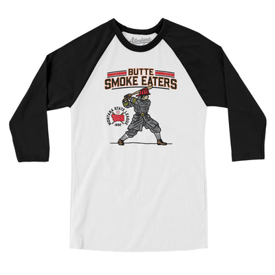 Butte Smoke Eaters Men/Unisex Raglan 3/4 Sleeve T-Shirt-White with Black-Allegiant Goods Co. Vintage Sports Apparel