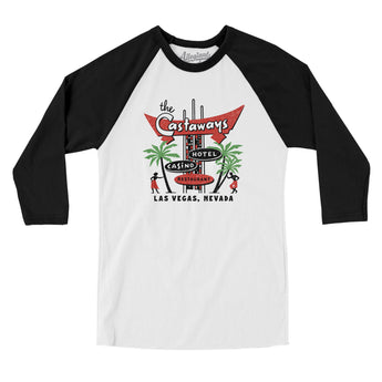 The Castaways Las Vegas Men/Unisex Raglan 3/4 Sleeve T-Shirt-White with Black-Allegiant Goods Co. Vintage Sports Apparel