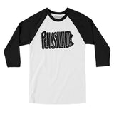 Pennsylvania State Shape Text Men/Unisex Raglan 3/4 Sleeve T-Shirt-White with Black-Allegiant Goods Co. Vintage Sports Apparel