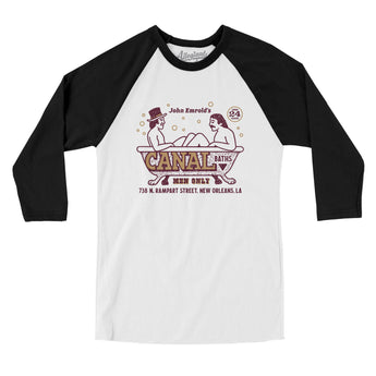 Canal Baths New Orleans Men/Unisex Raglan 3/4 Sleeve T-Shirt-White with Black-Allegiant Goods Co. Vintage Sports Apparel