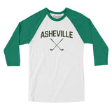 Asheville Golf Men/Unisex Raglan 3/4 Sleeve T-Shirt-White with Kelly-Allegiant Goods Co. Vintage Sports Apparel