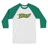 Green Bay Pennant Men/Unisex Raglan 3/4 Sleeve T-Shirt-White with Kelly-Allegiant Goods Co. Vintage Sports Apparel