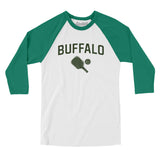 Buffalo Pickleball Men/Unisex Raglan 3/4 Sleeve T-Shirt-White with Kelly-Allegiant Goods Co. Vintage Sports Apparel