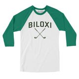 Biloxi Golf Men/Unisex Raglan 3/4 Sleeve T-Shirt-White with Kelly-Allegiant Goods Co. Vintage Sports Apparel