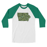 Iowa Golf Course Men/Unisex Raglan 3/4 Sleeve T-Shirt-White with Kelly-Allegiant Goods Co. Vintage Sports Apparel