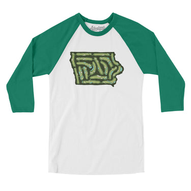 Iowa Golf Course Men/Unisex Raglan 3/4 Sleeve T-Shirt-White with Kelly-Allegiant Goods Co. Vintage Sports Apparel