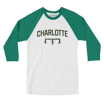 Charlotte Cycling Men/Unisex Raglan 3/4 Sleeve T-Shirt-White with Kelly-Allegiant Goods Co. Vintage Sports Apparel