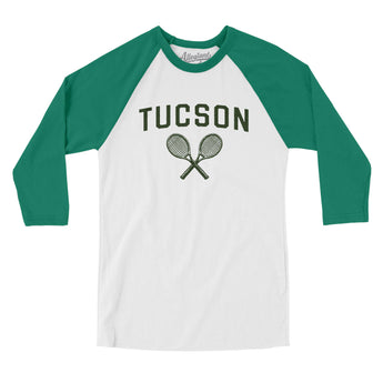 Tucson Tennis Men/Unisex Raglan 3/4 Sleeve T-Shirt-White with Kelly-Allegiant Goods Co. Vintage Sports Apparel