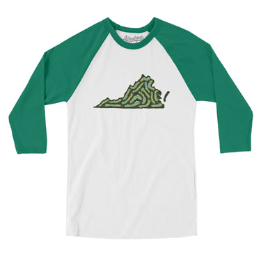 Virginia Golf Course Men/Unisex Raglan 3/4 Sleeve T-Shirt-White with Kelly-Allegiant Goods Co. Vintage Sports Apparel