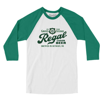 Regal Lager Detroit Men/Unisex Raglan 3/4 Sleeve T-Shirt-White with Kelly-Allegiant Goods Co. Vintage Sports Apparel