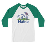 I Have A Tee Time In Maine Men/Unisex Raglan 3/4 Sleeve T-Shirt-White with Kelly-Allegiant Goods Co. Vintage Sports Apparel