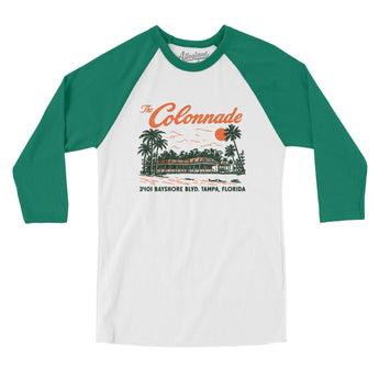 The Colonnade Tampa Men/Unisex Raglan 3/4 Sleeve T-Shirt-White with Kelly-Allegiant Goods Co. Vintage Sports Apparel