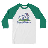 I Have A Tee Time In Massachusetts Men/Unisex Raglan 3/4 Sleeve T-Shirt-White with Kelly-Allegiant Goods Co. Vintage Sports Apparel