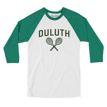 Duluth Tennis Men/Unisex Raglan 3/4 Sleeve T-Shirt-White with Kelly-Allegiant Goods Co. Vintage Sports Apparel