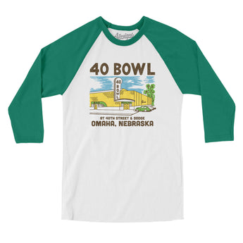 40 Bowl Omaha Men/Unisex Raglan 3/4 Sleeve T-Shirt-White with Kelly-Allegiant Goods Co. Vintage Sports Apparel