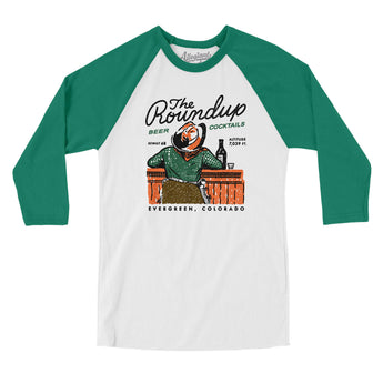 The Roundup Evergreen Colorado Men/Unisex Raglan 3/4 Sleeve T-Shirt-White with Kelly-Allegiant Goods Co. Vintage Sports Apparel