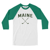 Maine Golf Men/Unisex Raglan 3/4 Sleeve T-Shirt-White with Kelly-Allegiant Goods Co. Vintage Sports Apparel