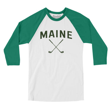Maine Golf Men/Unisex Raglan 3/4 Sleeve T-Shirt-White with Kelly-Allegiant Goods Co. Vintage Sports Apparel