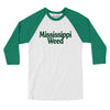 Mississippi Weed Men/Unisex Raglan 3/4 Sleeve T-Shirt-White with Kelly-Allegiant Goods Co. Vintage Sports Apparel
