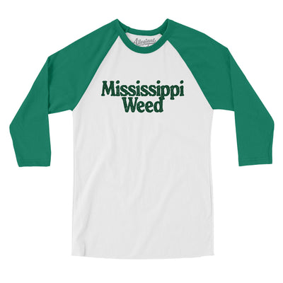 Mississippi Weed Men/Unisex Raglan 3/4 Sleeve T-Shirt-White with Kelly-Allegiant Goods Co. Vintage Sports Apparel